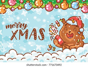 Holiday greeting card with lettering, calligraphy text and cute teddy Bear character on winter background with snow. Merry Christmas. Hand drawn art in cartoon, doodle, drawing style for print design