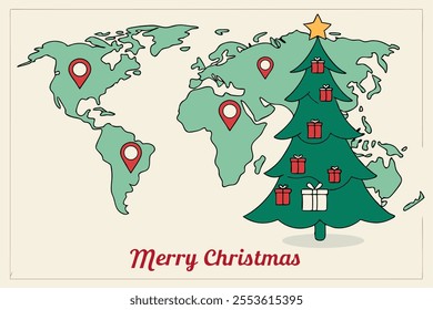 Holiday Greeting Card, Merry Christmas to all of the world, all continents and landmasses fit together forming Christmas tree, while GPS pins locating gift boxes represents red Christmas ornaments. ve