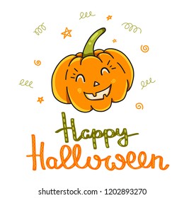 Holiday greeting card with orange pumpkin smiles and wishes Happy Halloween. Vector illustration colorful isolated on white background