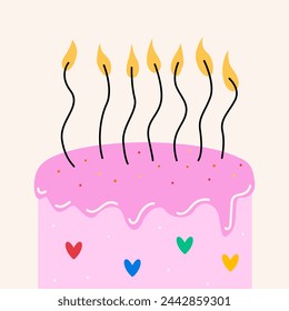 Holiday greeting card with pink birthday cake and candles. Vector flat illustration