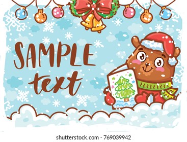 Holiday greeting card with place for your text. Christmas/New Year decoration and cute teddy Bear character on winter background with snow. Illustration art in hand drawn cartoon style for print