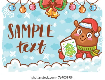 Holiday greeting card with place for your text. Christmas/New Year decoration and cute teddy Bear character on winter background. Illustration art in hand drawn cartoon, doodle style for print design