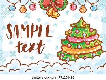Holiday greeting card with place for your text and cute illustration elements on winter background with snow. Merry Christmas and Happy New Year.  Art in hand drawn cartoon style for print design