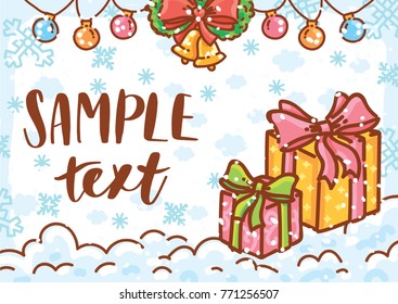 Holiday greeting card with place for your text and cute illustration elements on winter background with snow. Merry Christmas and Happy New Year.  Art in hand drawn cartoon style for print design