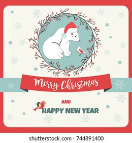 Holiday greeting card with polar bear and bird