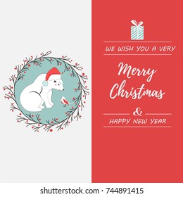 Holiday greeting card with polar bear and bird