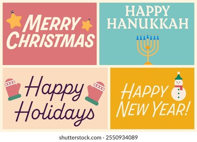 Holiday greeting card, poster, background, banner. Happy new year, merry christmas, happy Hanukkah. Multiple holiday greeting poster with lettering and winter elements - ornaments, snowman, mittens