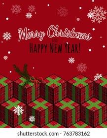 Holiday greeting card or poster. Seamless vector border with plaid gift boxes. Christmas, new year decor.