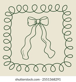Holiday greeting card with quirky frame and vintage bow. Vector hand drawn illustration in retro style