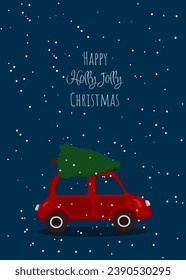 Holiday greeting card with red car and evergreen. Seasonal New Year poster. Happy holly jolly christmas illustration