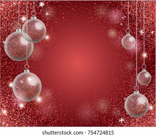 Holiday greeting card with red sparkles and realistic transparent Christmas ball. New year toy.