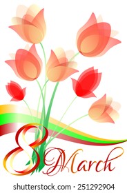 Holiday greeting card with red tulips on white background on International Women's Day. March 8. Vector illustration
