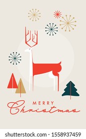 Holiday Greeting Card with Reindeer, Pine Trees and Snowflakes