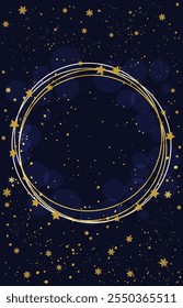 Holiday greeting card, round frame with sparkles and snowflakes, vertical background with copy space. Vector illustration