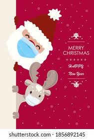 Holiday Greeting Card with Santa and Deer wearing Facing mask anti epidemic protect. New conceptual Design Happy New Year and Merry Christmas. Vector Illustration.