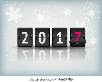 Holiday greeting card with snowflakes and 2017 numbers. Happy New Year abstract winter snow background texture with analog airport board numbers. Vector countdown realistic illustration