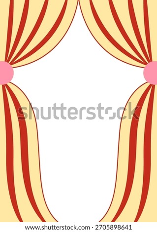 Holiday greeting card template with hand drawn frame of circus striped curtain. Festival vector flat design for birthday cards, christmas holiday invitations, etc.