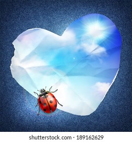 Holiday greeting card template with a paper heart and ladybug