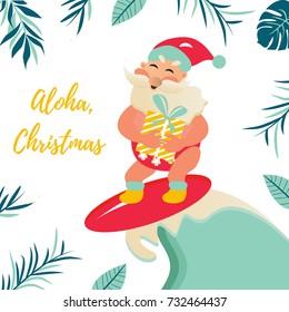 Holiday greeting card with tropical background and Aloha Santa Claus