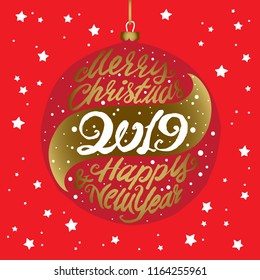 Holiday greeting card. Unique hand drawn Merry Christmas and Happy New Year lettering in a Christmas ball. Vector typography.