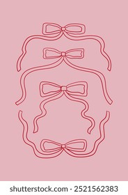 Holiday greeting card with various abstract linear ribbons. Hand drawn vector outline illustration of bows. Wedding, birthday, valentines day holiday clipart template. Coquette core aesthetic