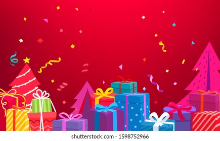 Holiday greeting card. Vector concept with gift boxes and confetti