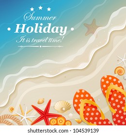 Holiday greeting card with wave and shells. Vector illustration.