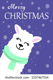 Holiday greeting card with white llama and Christmas decor on violet background. Vector hand-drawn illustration. Cute card for your design. Festive background. Handwritten modern letters.