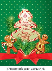 Holiday greeting Card with xmas gingerbread - man and woman cartoons, candy and fir-tree branches. Hand written calligraphic text Merry Christmas and Happy New Year on polka dots green background. 