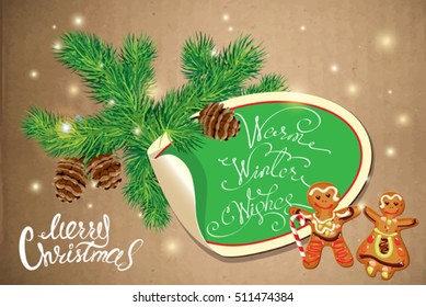 Holiday greeting Card with xmas gingerbread - man and woman cartoons, cones and fir-tree branches. Oval paper frame. Hand written calligraphic text Merry Christmas on old paper background.