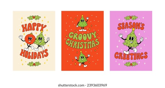 Holiday greeting cards with cute retro characters. Groovy lettering quotes. Christmas tree and ball decoration vector illustration