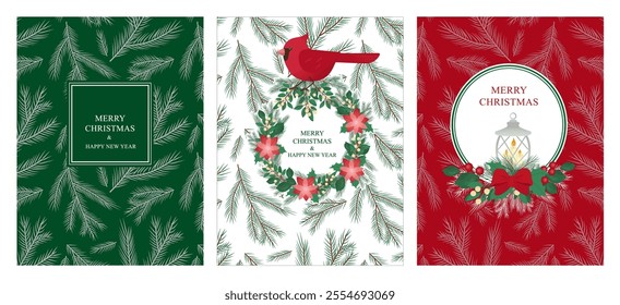 Holiday greeting cards with fir garland and red bow, with cardinal bird and lantern. Trendy modern style.