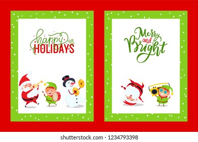 Holiday greeting cards with Santa, Snowman, Elf. Vector Merry Christmas postcards with Father Frost singing carols, listening boombox and dancing