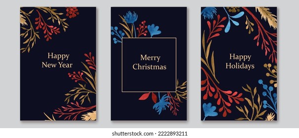 Holiday greeting cards set. Winter plants, leaves, botanicals. New Year and Christmas greetings. Watercolor texture style.