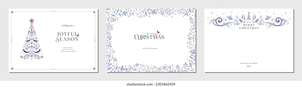 Holiday greeting cards. Universal Christmas templates with ornate Christmas Tree, floral banner and frame with copy space, birds and greetings.