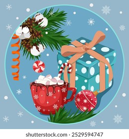 Holiday greeting Christmas card with Christmas balls, gifts, hot chocolate with marshmallows. Christmas template for banner, ticket, leaflet, card, invitation
