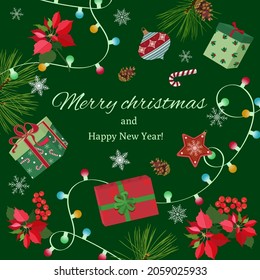 Holiday greeting Christmas card with fir tree, gifts, flashlights, candy, poinsettia and congratulatory text on a green background. Christmas template for banner, ticket, leaflet, card, invitation
