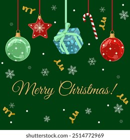 Holiday greeting Christmas card with fir tree and festive decorations balls, gifts, snowflakes, champagne, sweets on green background. Christmas template for banner, ticket, leaflet, card, invitation