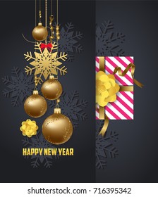 Holiday Greeting and  happy new year 2018 card with gold balls