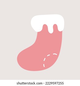 Holiday greeting icon for card. Christmas stocking element. Festive hand drawn design on grey