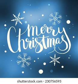 Holiday Greeting inside a Wreath. Christmas Greeting Card. Snow and Snowflakes. Handwritten. Lettering. 