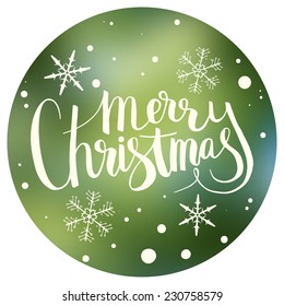 Holiday Greeting inside a Wreath. Christmas Greeting Card. Snow and Snowflakes. Handwritten. lettering. 