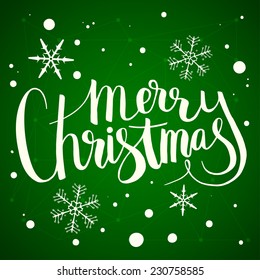 Holiday Greeting inside a Wreath. Christmas Greeting Card. Snow and Snowflakes. Handwritten. Lettering. 