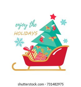 Holiday greeting picture with sledge and Christmas tree with presents