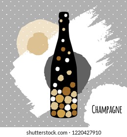 Holiday greeting postcard with champagne bottle in modern simple style
