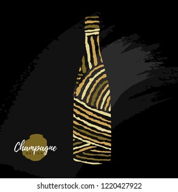 Holiday greeting postcard with champagne bottle in modern simple style