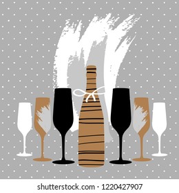 Holiday greeting postcard with champagne glasses and bottle in modern simple style