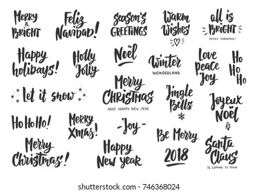 Holiday greeting quotes and wishes isolated on white. Hand drawn text, brush lettering. Merry Christmas, Happy New year, Happy Holidays. For cards, gift tags and labels, photo overlays, party posters.