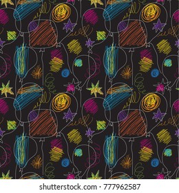 Holiday greeting seamless pattern with doodle balloons, stars, scribbles. Children's drawing on black background.Colorful party hand drawn design in childish line art style.Festive vector illustration