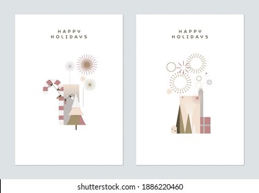 Holiday greeting template design, collage of decoration elements and fireworks